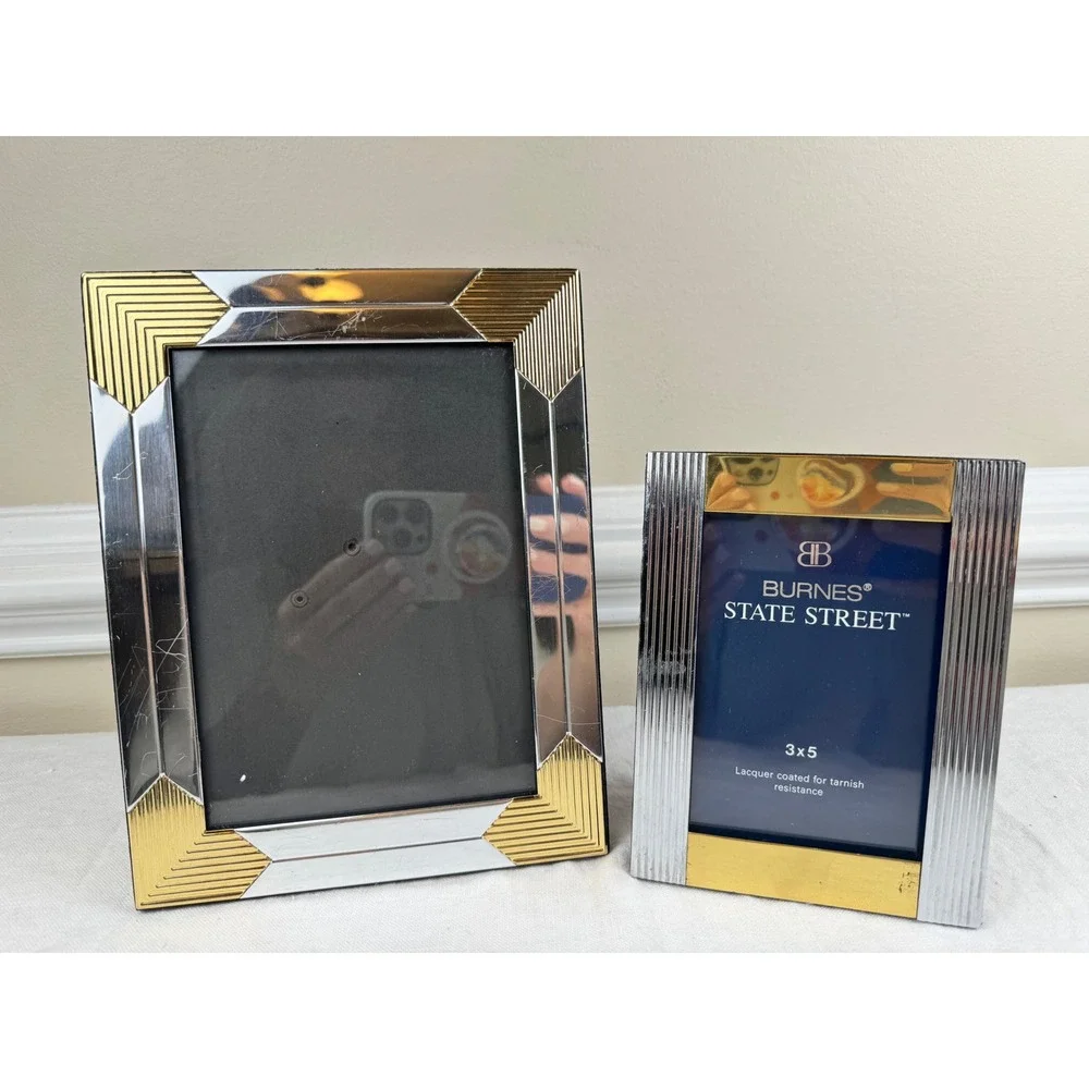 Burnes State Street Picture Frame Set 5x7 3x5 Silver Gold Two Tone Art Deco 2pc